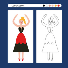 Nutcracker girl ballet dancer. Ballet Coloring page . Kids educational game in flat and outline design. Winter coloring book.