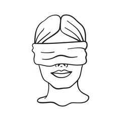 Isolated vector illustration of woman with scarf on her eyes. Cute thin line icon for design, cover etc.