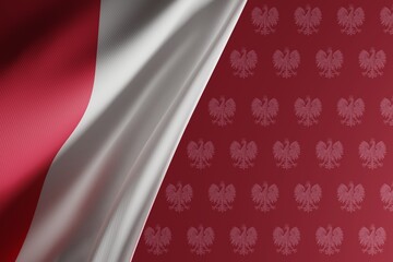 Polish flag on a dark background. Polish nationality concept, patriotism. Poland's relations with other countries. Poland flag top view. 3D render, 3D illustration.