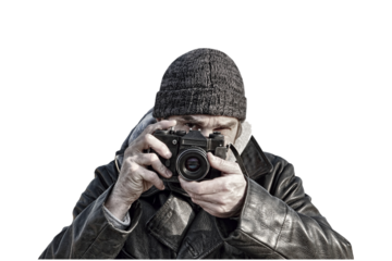 Photographer with retro photo camera isolated on transparent background.