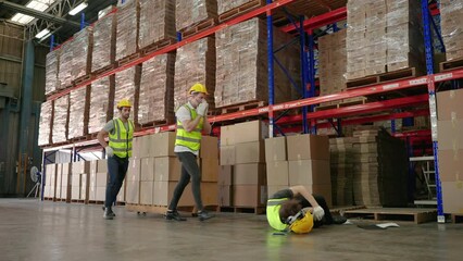 accident occurred in the warehouse. Work risk concept, warehouse safety, protection
