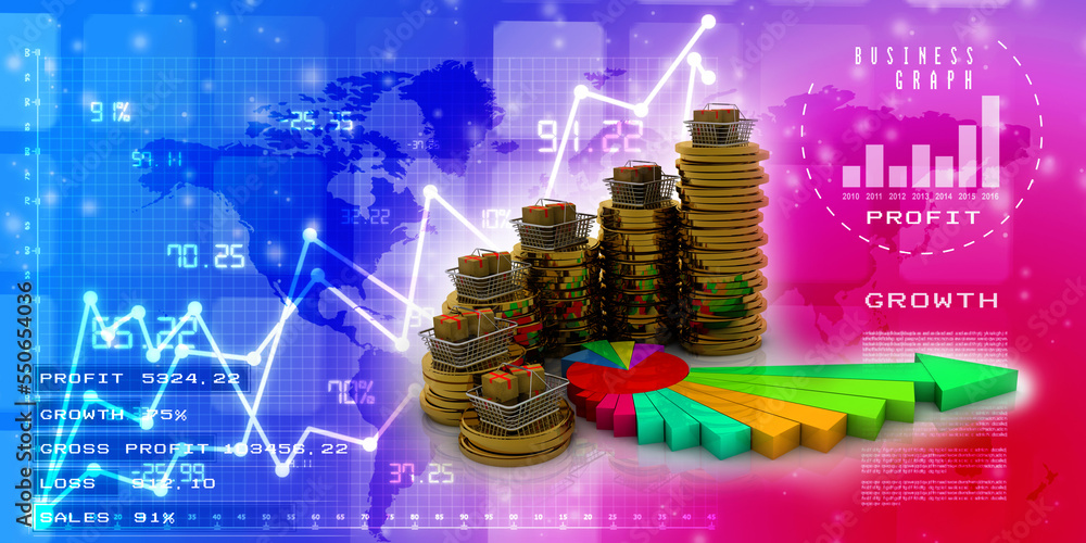Aufkleber 3d rendering cardboard boxes on basket with gold coin and graph