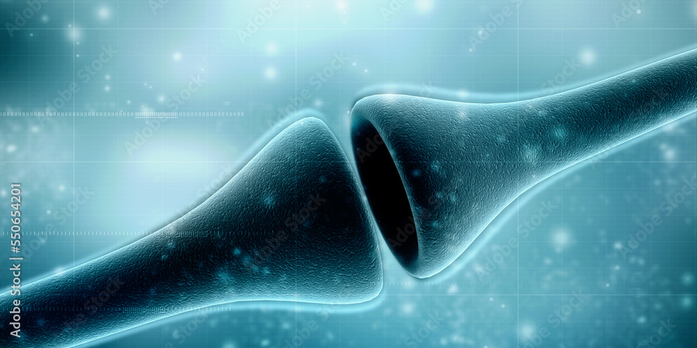 Poster synapse and neuron cells sending electrical chemical signals. 3d rendering