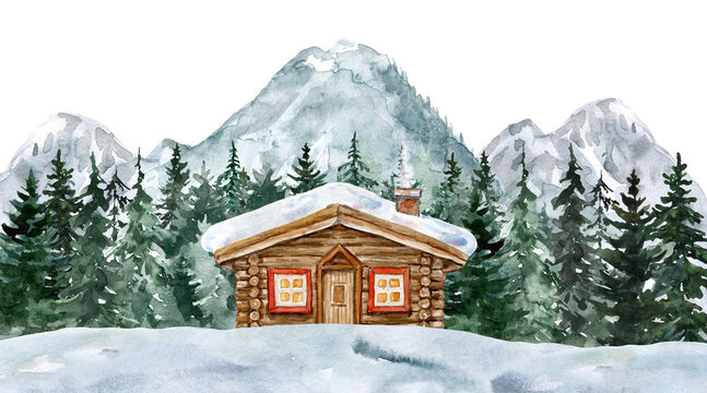Winter scene illustration with wood log cabin among pine tree forest. Watercolor landscape with woodland and mountains.