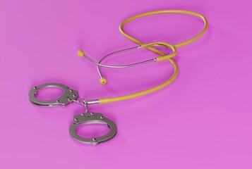 Fototapeta premium Stethoscope ended with handcuffs. Medical crime concept, doctors problems. Judgments for doctors, medical workers. 3d redner, 3d illustration.