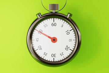 Stopwatch isolated on green background. The concept of time passing, doing something on time. Countdown to the end of the challenge. Classic stopwatch with pointers. 3D render, 3D illustration.