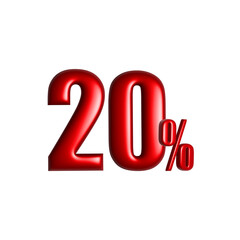 Twenty percent or 20 % special Offer. Sale discount. 20% off on sale. 3D rendering. Isolated with white background