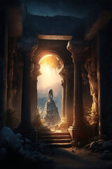 Ancient ruins site. Stone pillars and archways. Forgotten dynasty. Fantasy landscape ruins. Sunset stone cave ruins with long stairway. Archaeological site set 6