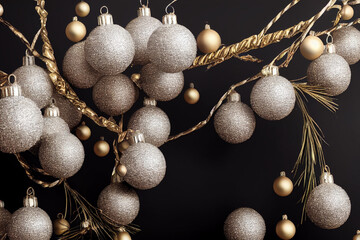 Christmas background, white balls hanging near, ornaments. Black background