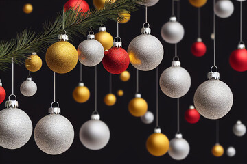 Red, white and yellow balls hanging for Christmas. New Year Celebrations with garland decorations. Black background