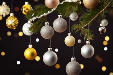 Balls white, yellow balls hanging, Christmas decorations, balls, garland, near. Black background