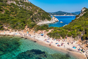 Naklejka na ściany i meble Porto Timoni is an amazing beautiful double beach in Corfu, Greece. Porto Timoni beach at Afionas is a paradise double beach with crystal clear azure water in Corfu, Ionian island, Greece, Europe