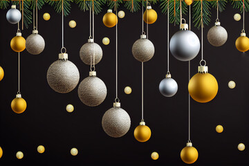 Christmas white, yellow balls. Christmas decorations garland, balls hanging. Black background