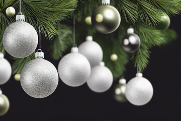 Merry christmas balls white hanging. Christmas garland decorations, balls for your party. Black background