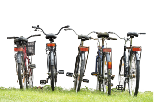 rear view of bikes in a row on green grass, isolated without background