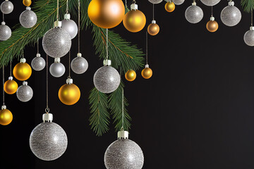 Christmas background, balls white and yellow hanging near the garland, ornaments. holiday. Black background