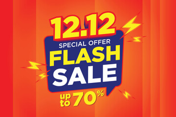 12.12 Flash Sale Shopping banner with Thunder sales banner template design for social media and website.Limited Only time and Flash Sale campaign sale up to 70%