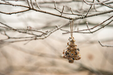 Christmas ornament made of bird seed. Feeding wild birds in winter.