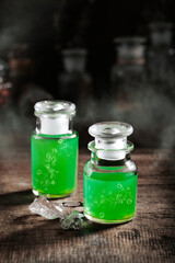 Witchcraft still life concept with potion, herbs ingredients and magical equipment