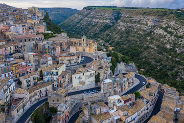 View of Ragusa (Ragusa Ibla), UNESCO heritage town on Italian island of Sicily. View from above of the city in Ragusa Ibla, Province of Ragusa, Val di Noto, Sicily, Italy.