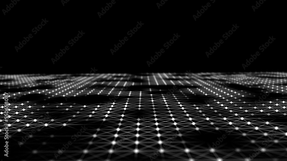 Poster Wave of digital particles on a black background. Abstract interlacing lines and points. Digital connection of elements. Simulation of the movement of small particles. 3D rendering.