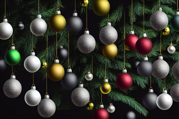 Christmas ornaments, red, white, yellow balls hanging. and decorations garland. Black background