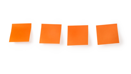 Four orange square sticky note papers in the row. Isolated with transparency. Copy space on the notes