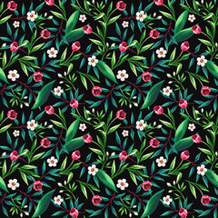 Fototapeta na wymiar Floral seamless pattern with pink and white flowers and green leaves on a black background. Vector print design