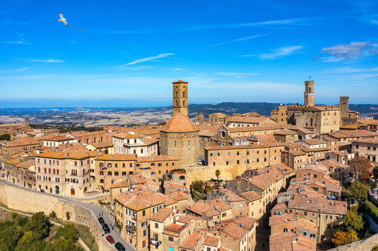 Tuscany, Volterra town skyline, church and panorama view. Maremma, Italy, Europe. Panoramic view of Volterra, medieval Tuscan town with old houses, towers and churches, Tuscany, Italy.