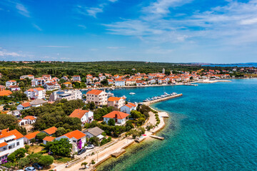 Petrcane village tourist destination coastline aerial panoramic view, Dalmatia region of Croatia....