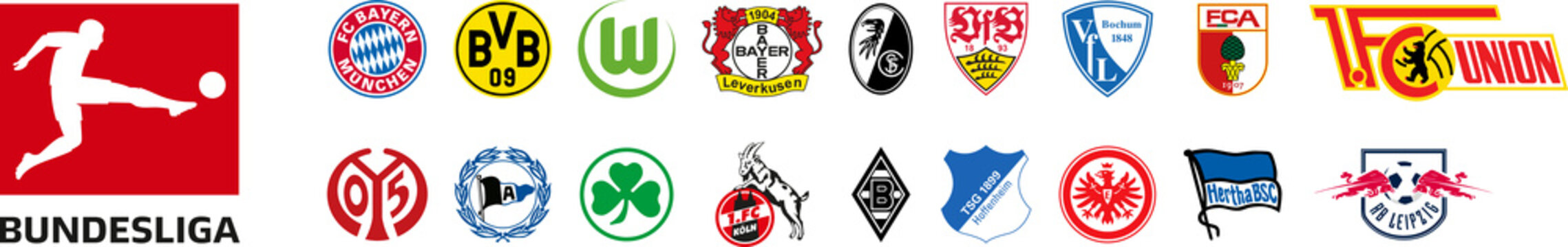 FC of Germany, Bundesliga. Bayern Munich, Borussia Dortmund, Wolfsburg, Bayer, Freiburg, Stuttgart, Bochum, Augsburg, Mainz, Arminia, Greuther Furth, Koln, Hoffenheim, Frankfurt, Hertha, Leipzig