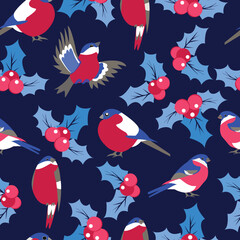 hand-drawn Seamless pattern with bullfinch and holly berry.   Seasonal natural Christmas background.  - 550658610