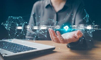 Midsection woman hold hologram screen displaying modern cloud based web system technology, symbols...