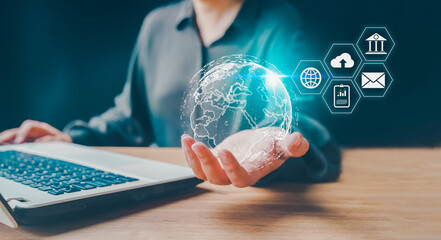 Global network and data exchanges over the world 3D rendering on woman hand with laptop on wood table. Concept cloud computing, shopping online, e-commerce, digital marketing, network connection.