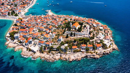 Aerial view of Primosten old town on the islet, Dalmatia, Croatia. Primosten, Sibenik Knin County,...