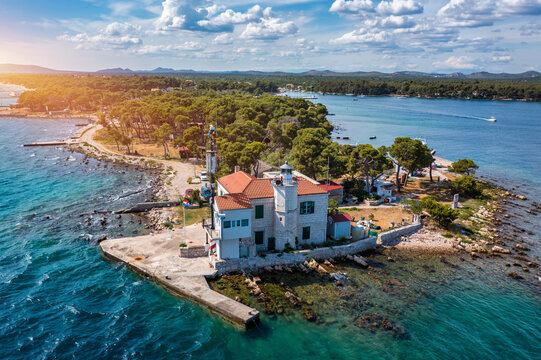 Jadrija lighthouse in Sibenik bay entrance aerial view, archipelago of Dalmatia, Croatia. Aerial view of lighthouse in town of Jadrija in Sibenik bay in Croatia, beautiful seascape.