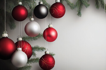 Red, white, Christmas ornaments, balls, garland, near. Empty space