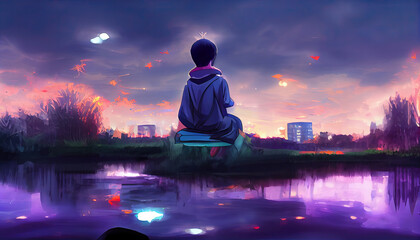 Anime boy dreaming at night - obrazy, fototapety, plakaty