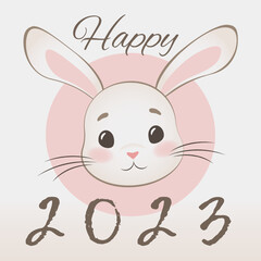 Obraz na płótnie Canvas Happy 2023 new year greeting card template with cute rabbit face. Bunny, animal cartoon drawing vector illustration for new year poster.