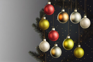 Merry christmas balls red, white, yellow hanging. Christmas garland decorations. Empty space