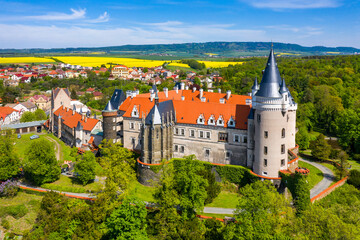 Aerial view of Zleby castle in Central Bohemian region, Czech Republic. The original Zleby castle...