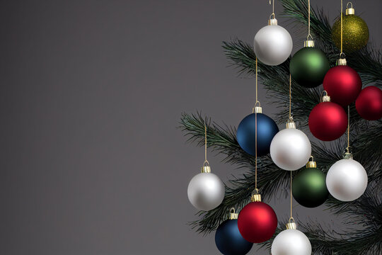 Christmas balls red, white, yellow, blue, green balls. Christmas garland. Empty space