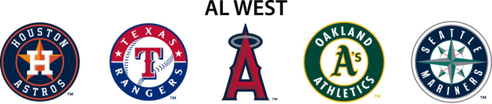 Major League Baseball MLB. American League AL. Al West. Houston Astros, Oakland Athletics, Los Angeles Angels, Texas Rangers, Seattle Mariners. Kyiv, Ukraine - Dec 1, 2022