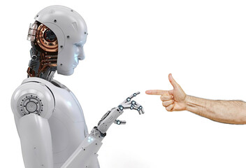 Artificial intelligence concept.Robot touching human hand
