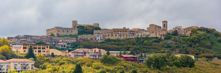 Fototapeta na wymiar Aerial view of the city Montalbano Elicona, Italy, Sicily, Messina Province. Aerial view of the medieval town of Montalbano Elicona with the castle of Federico II, Italy, Sicily.