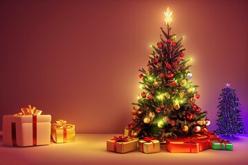 Fototapeta na wymiar Christmas tree with lights And Gifts 