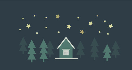 Night landscape with house and forest background. Clear dark sky and bright golden stars. Vector illustration. Design elements for poster, book cover, brochure, magazine, flyer, booklet.
