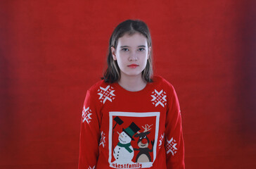 christmas girl on red background
