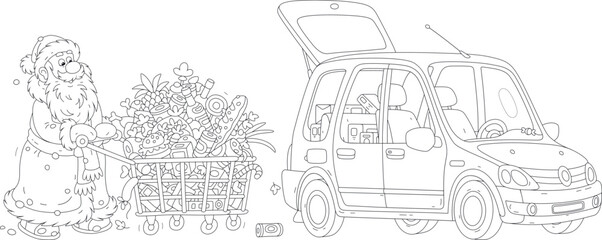 Fototapeta premium Happy Santa Claus walking to his small car with a shopping cart full of foods, drinks and gifts for merry winter holidays, black and white outline vector cartoon illustration