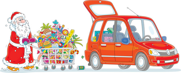 Naklejka premium Happy Santa Claus walking to his small red car with a shopping cart full of foods, drinks and gifts for merry winter holidays, vector cartoon illustration isolated on a white background